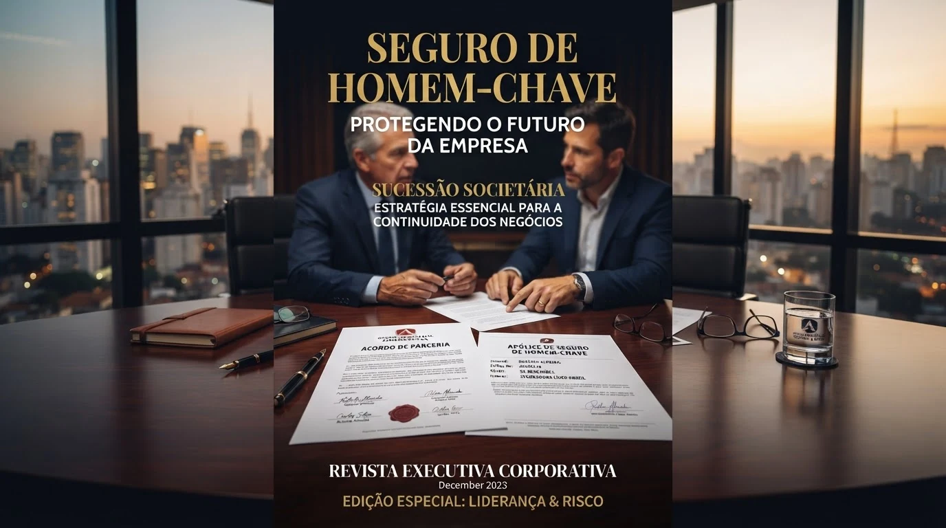 Documentos de acordo de sócios, apólice de seguro de homem-chave e caneta tinteiro em mesa de reunião executiva