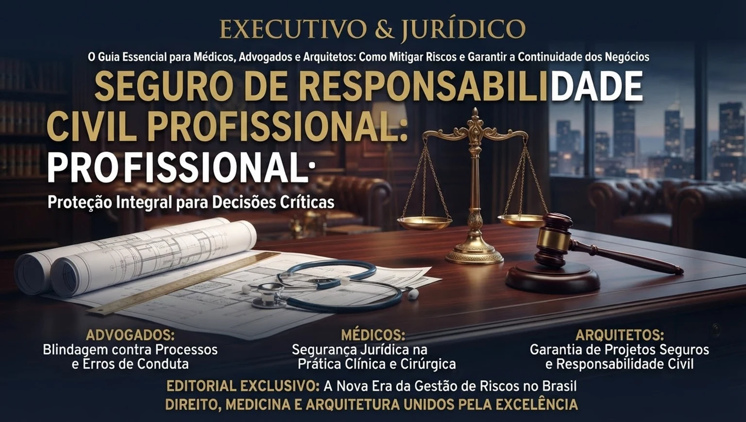 Estetoscópio, plantas arquitetônicas e martelo da justiça sobre mesa de mogno com iluminação corporativa