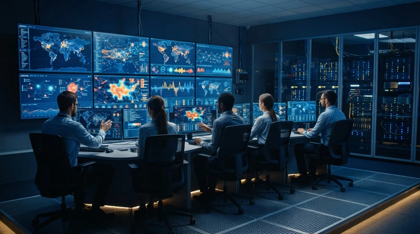 Centro de operações de segurança cibernética corporativa com gráficos holográficos de proteção de dados em tons navy e dourado