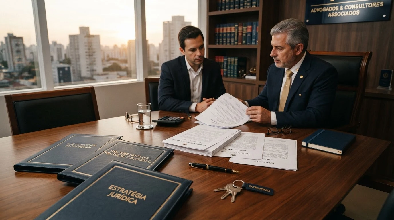 Documentos contratuais de planejamento sucessório, apólices de seguro e chaves patrimoniais sobre mesa executiva
