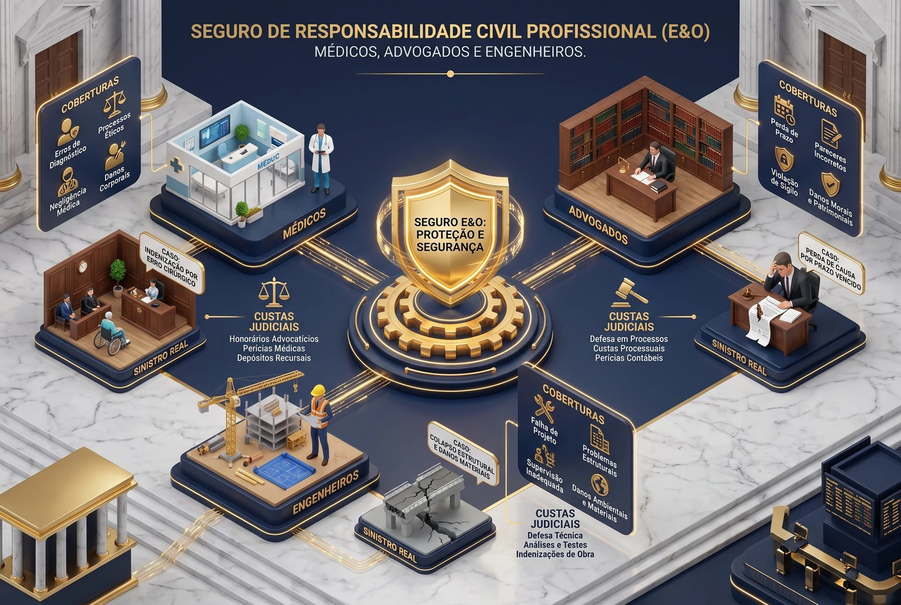 Infográfico 3D demonstrando o escudo de proteção patrimonial do seguro de Responsabilidade Civil Profissional