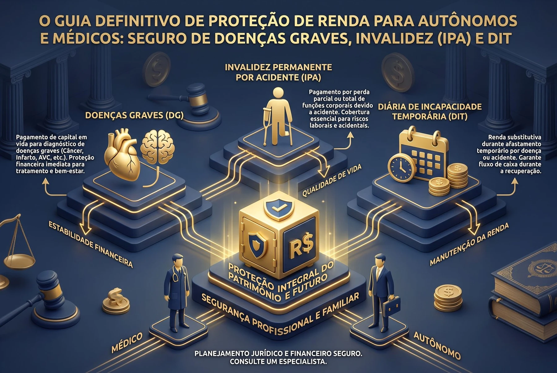 Infográfico demonstrando os quatro pilares de proteção de renda: Doenças Graves, Invalidez, DIT e Majoração Médica
