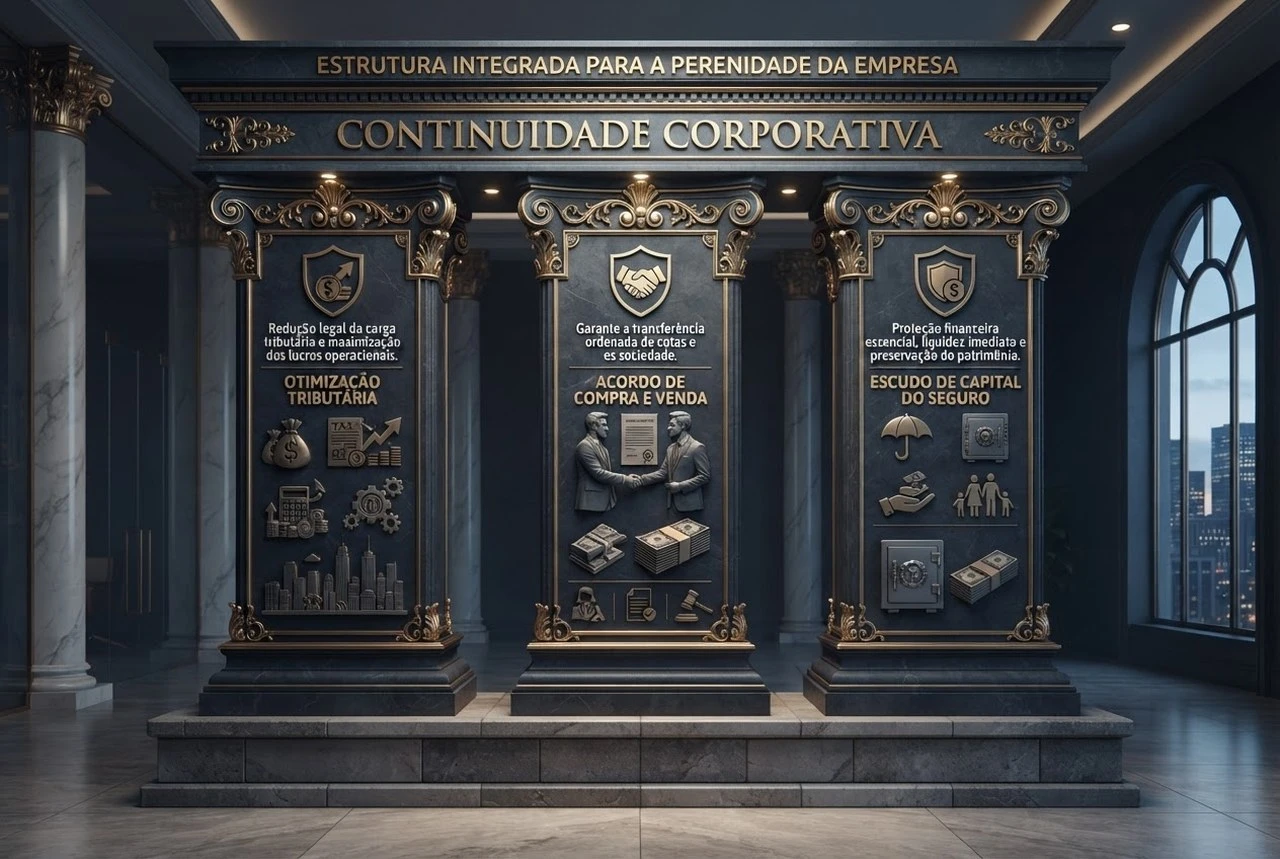 Infográfico 3D dos pilares de governança corporativa e blindagem de sucessão societária