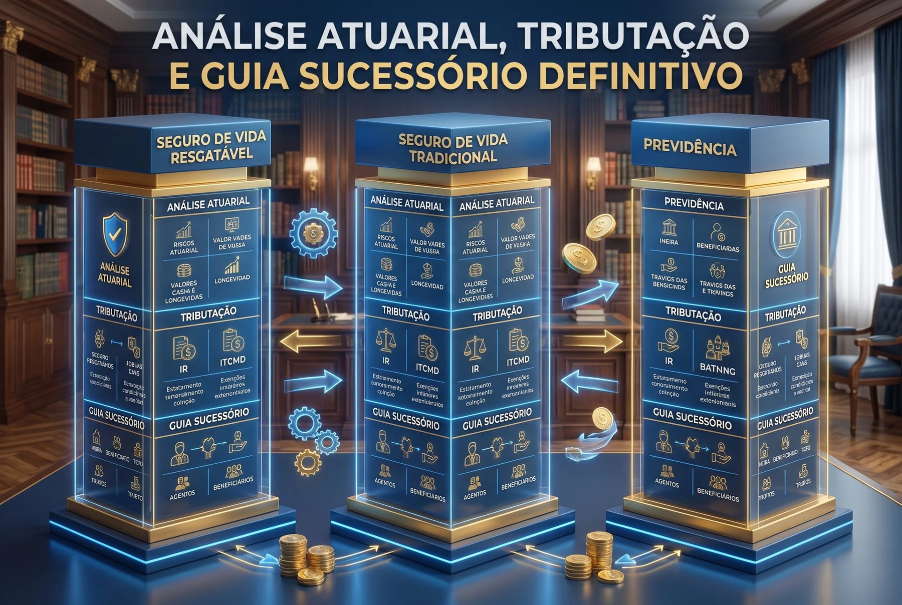 Infográfico comparativo entre seguro temporário, seguro resgatável e previdência privada na sucessão patrimonial