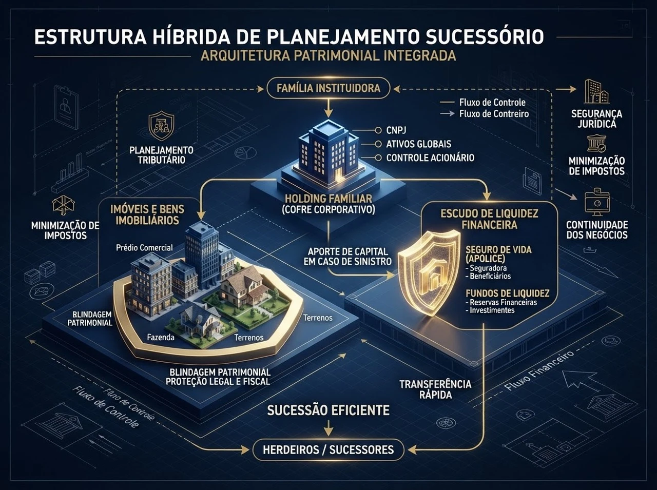 Infográfico 3D demonstrando a arquitetura híbrida de governança patrimonial com Holding Familiar e Seguro de Vida
