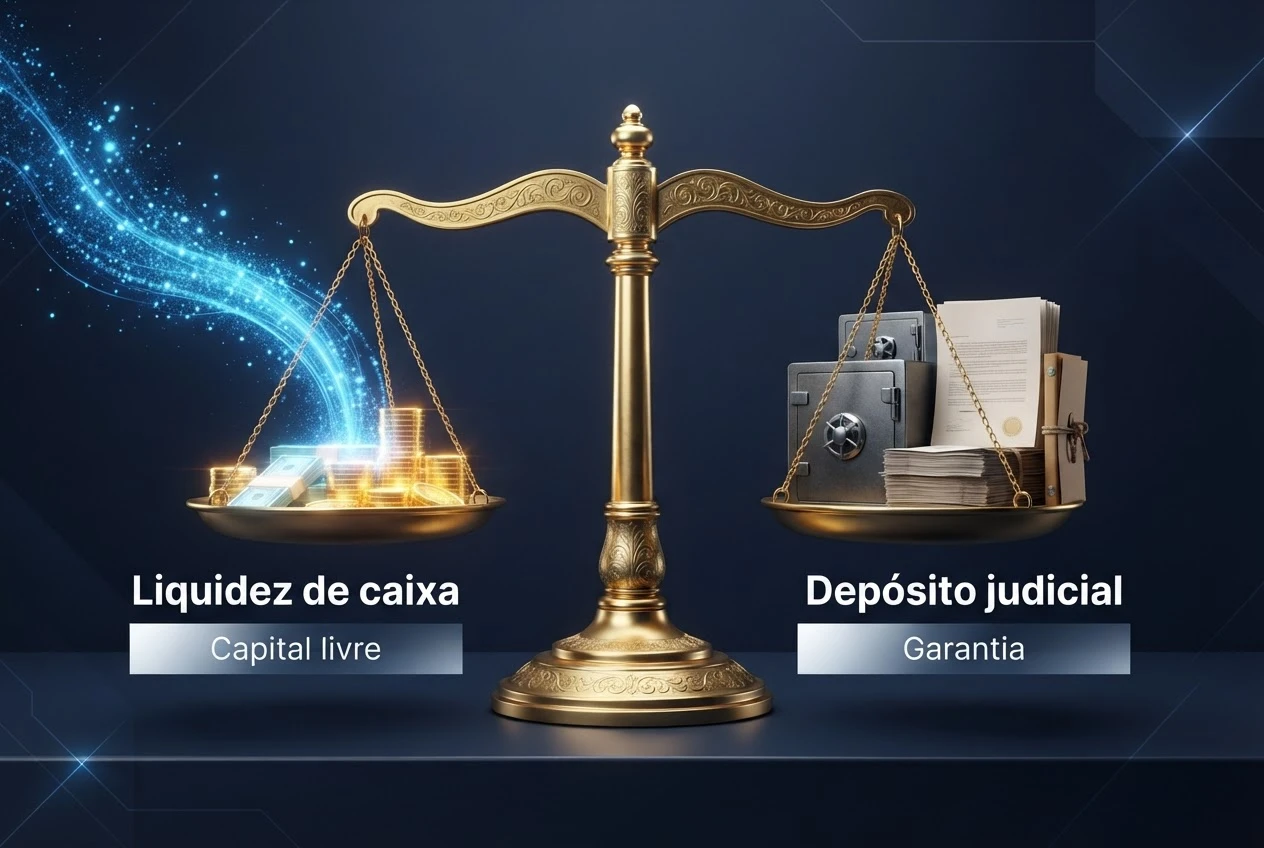 Balança tridimensional demonstrando o equilíbrio entre liquidez de caixa e depósitos judiciais desonerados