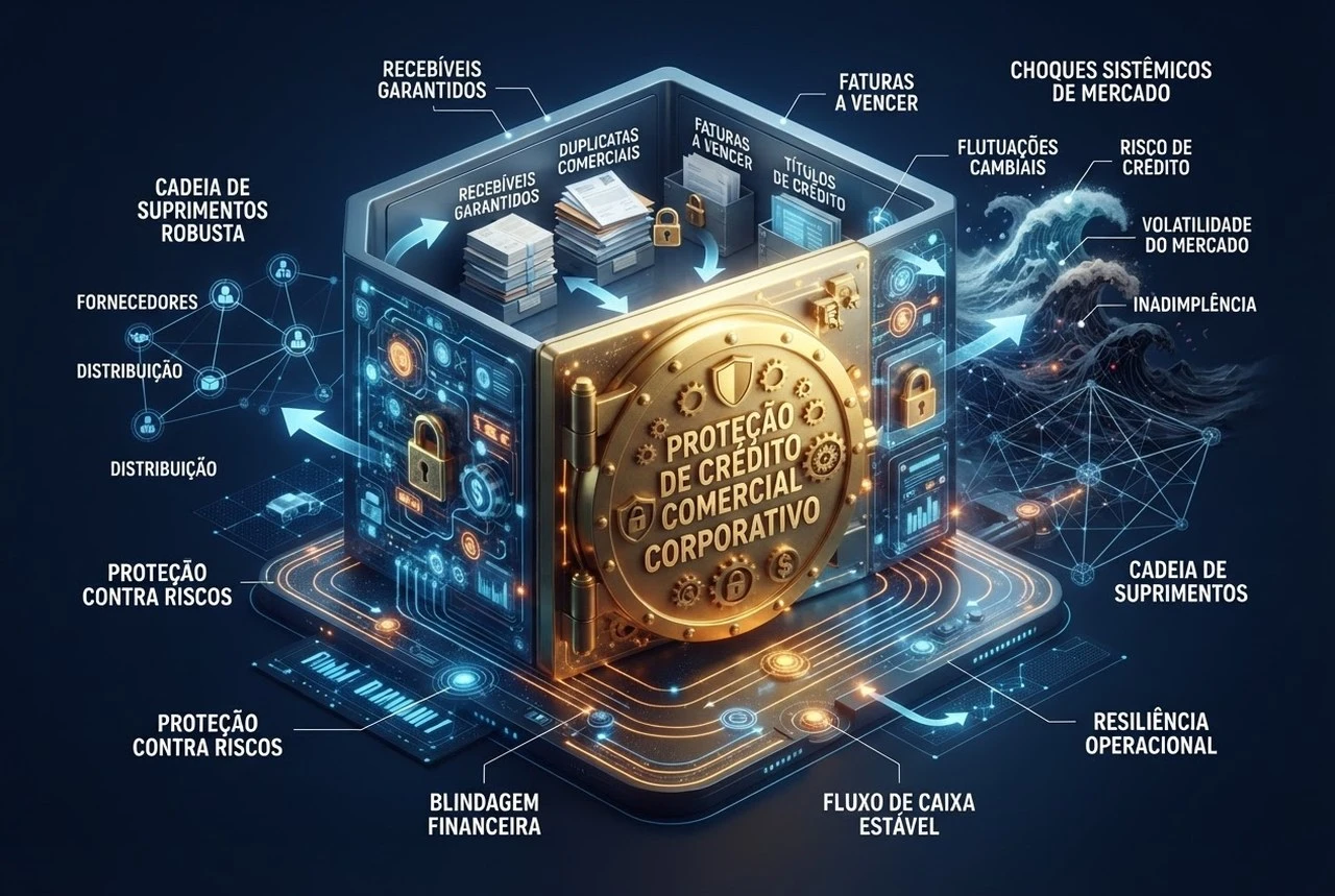 Escudo financeiro tridimensional protegendo a carteira de recebíveis e duplicatas comerciais de uma empresa