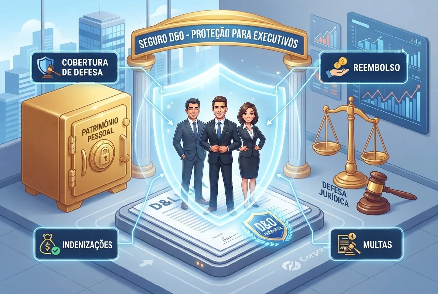 Estrutura 3D conceitual de escudo de proteção patrimonial para diretores e conselheiros