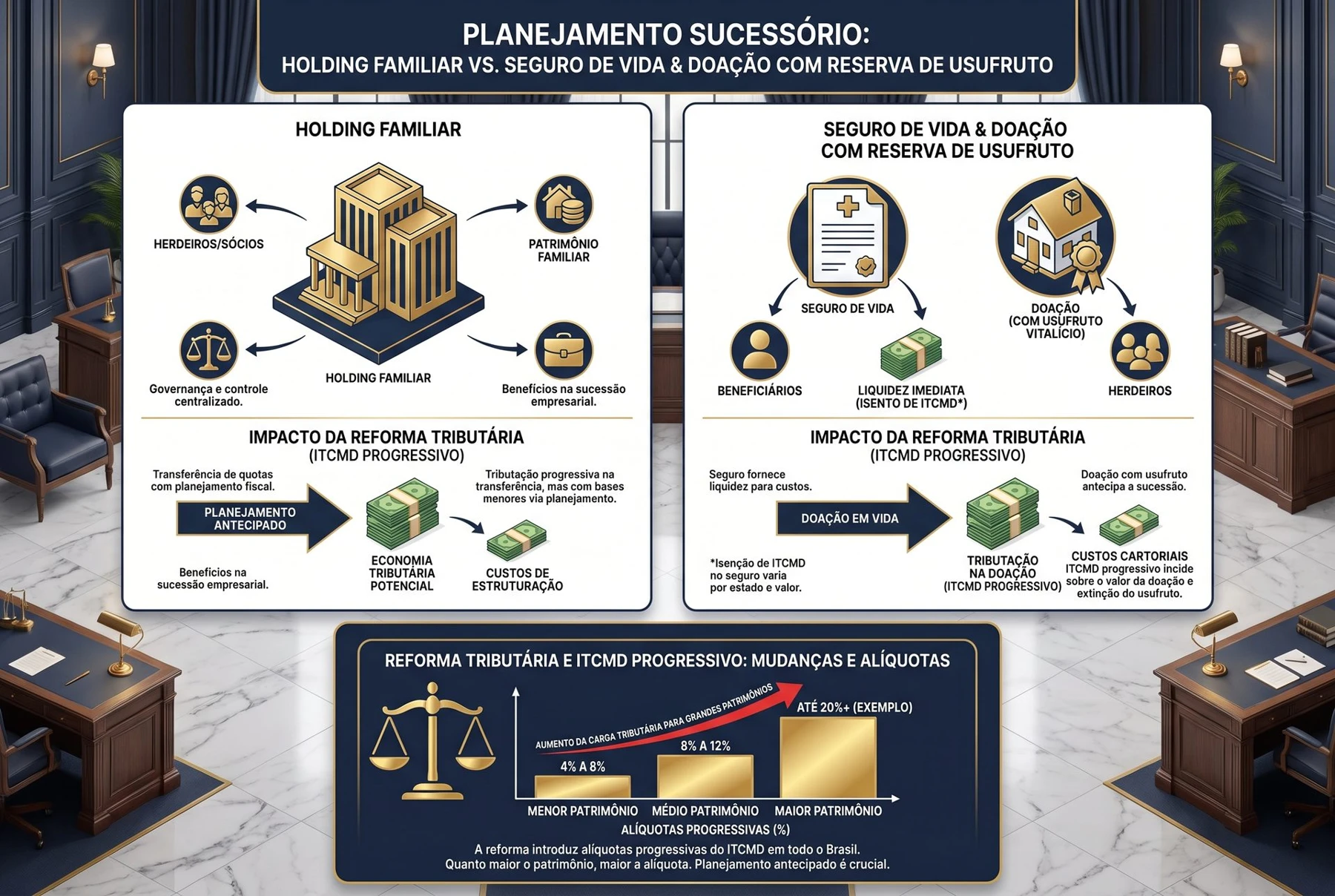 Infográfico 3D comparando os três pilares do planejamento sucessório moderno: Holding, Doação com Usufruto e Seguro de Vida